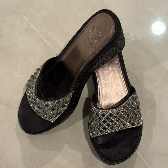 Yellow Box Shoes - Yellow Box Elegant Black and Silver Beaded Women's Wedges